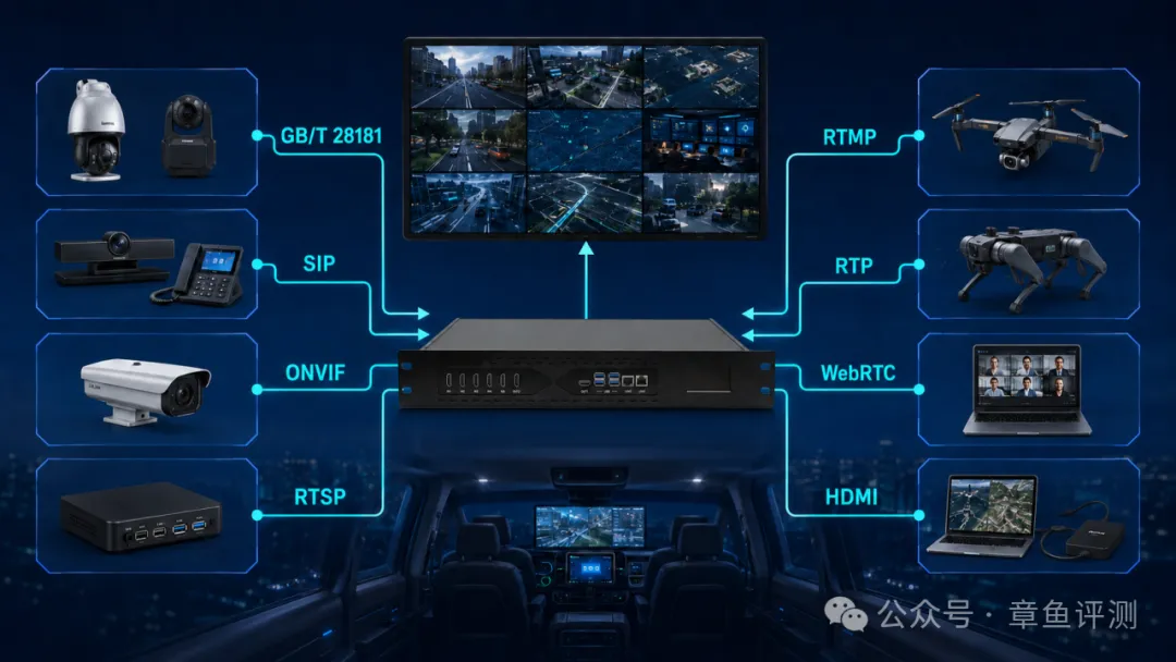 指挥车通过 GB/T28181、SIP、ONVIF、RTSP、RTMP、RTP、WebRTC 与 HDMI 汇聚现场音视频设备