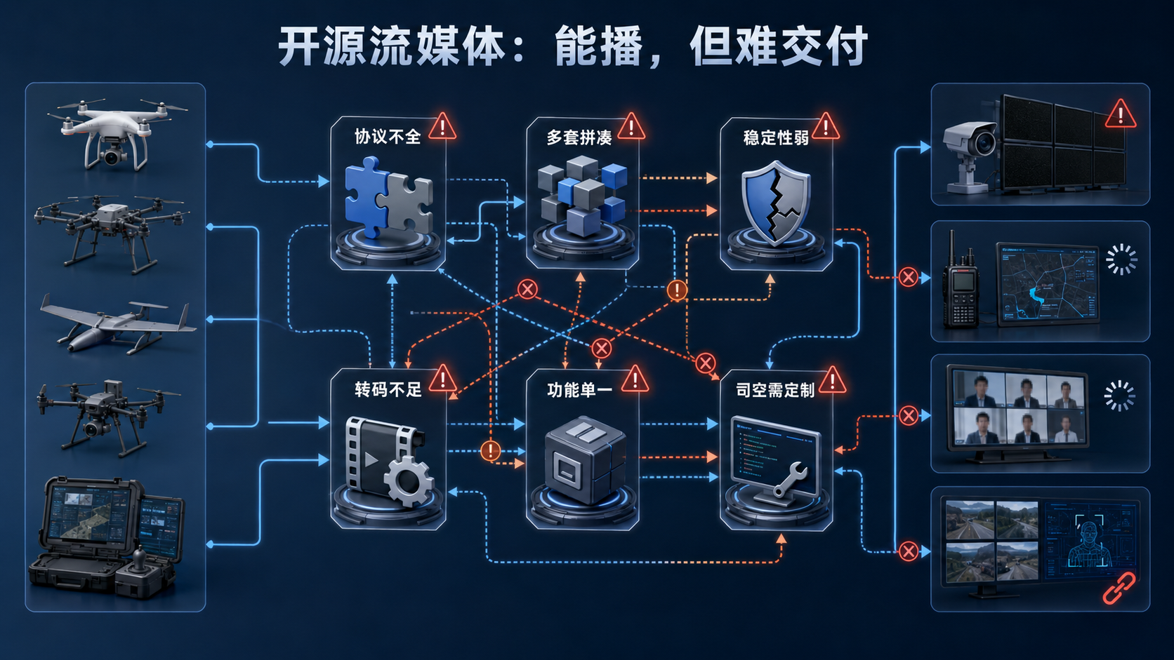 开源流媒体在无人机视频融合项目中的协议、架构、稳定性、转码和定制局限