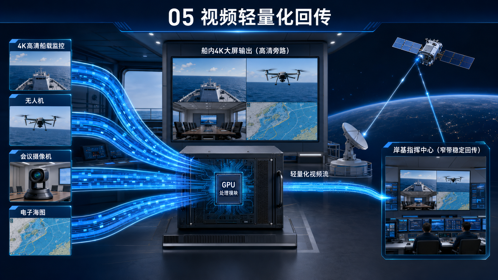 多路高清视频经 GPU 轻量化处理后通过卫星窄带稳定回传岸基指挥中心