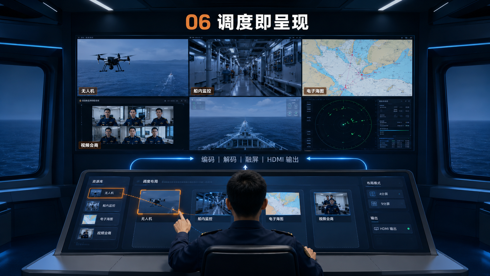 指挥员在统一调度界面编排无人机、船内监控、电子海图和视频会商并直接输出大屏